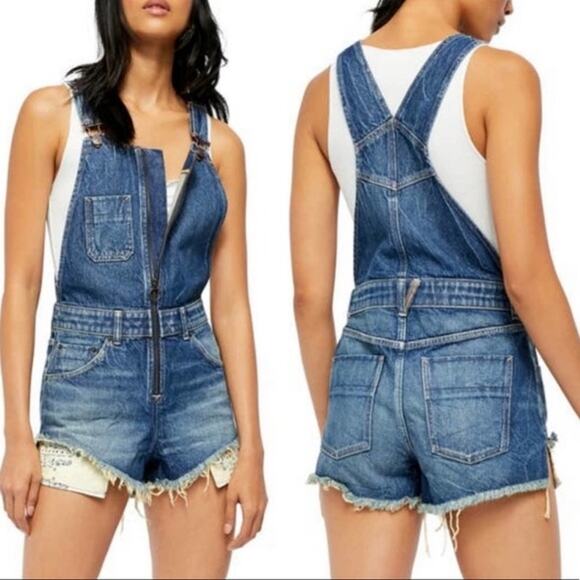 Free People Pants - Free People We The Free Sunkiss Denim Shortalls Blue Size 10 Zip Front Cotton